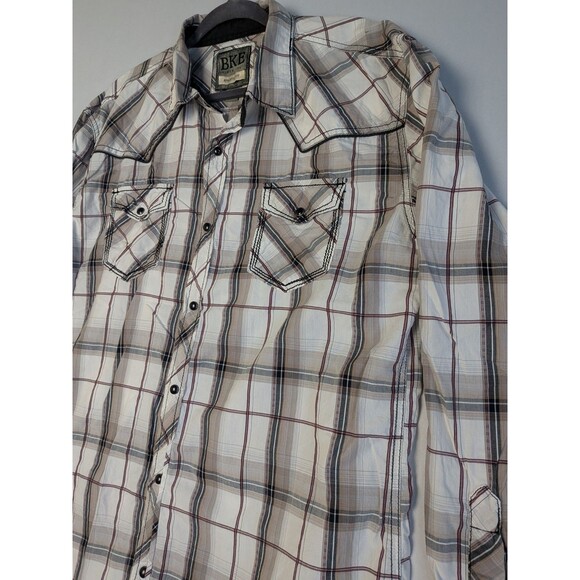 BKE Pearl Snap Button Shirt Mens XL Athletic Fit Black White Plaid Long Sleeve - Picture 3 of 16